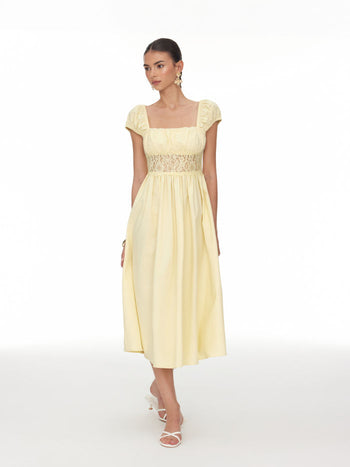 Linen-blend Square Neck Short Sleeve Lace Panel Flared Midi Dress