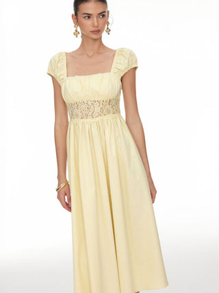 Linen-blend Square Neck Short Sleeve Lace Panel Flared Midi Dress