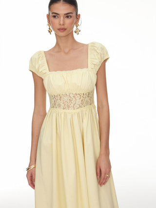 Linen-blend Square Neck Short Sleeve Lace Panel Flared Midi Dress