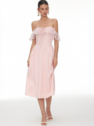Lace Ruffle Sweetheart Neck Bowknot A-Line Midi Dress