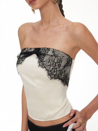 Satin Strapless Lace Panel Tie Back Bandeau Top