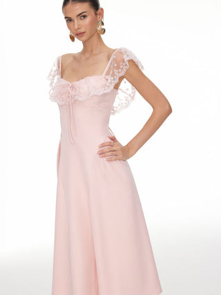 Lace Ruffle Sweetheart Neck Bowknot A-Line Midi Dress