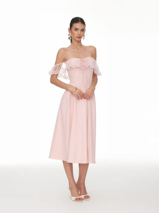 Lace Ruffle Sweetheart Neck Bowknot A-Line Midi Dress