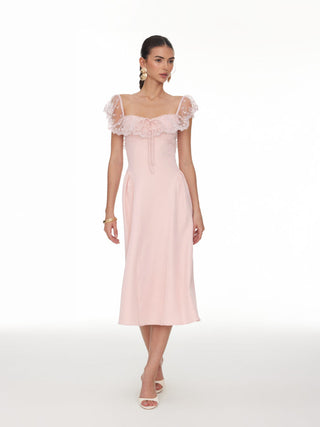 Lace Ruffle Sweetheart Neck Bowknot A-Line Midi Dress