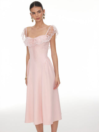Lace Ruffle Sweetheart Neck Bowknot A-Line Midi Dress