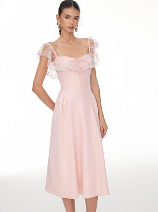 Lace Ruffle Sweetheart Neck Bowknot A-Line Midi Dress