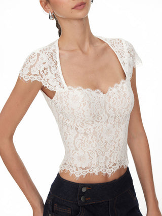 Cotton-blend Lace Scoop Neckline Short Sleeve Top