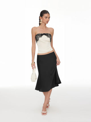Satin Strapless Lace Panel Tie Back Bandeau Top