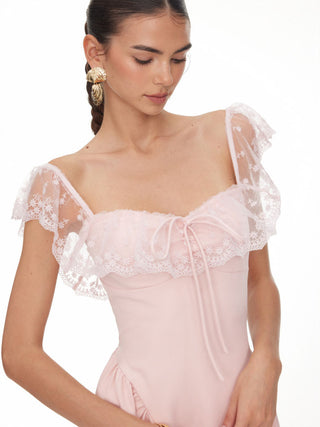 Lace Ruffle Sweetheart Neck Bowknot A-Line Midi Dress