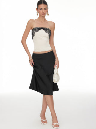 Satin Strapless Lace Panel Tie Back Bandeau Top