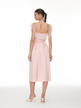 Lace Ruffle Sweetheart Neck Bowknot A-Line Midi Dress