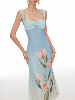 Mesh Floral Graphic Sweetheart Lace Panel Mermaid Maxi Dress