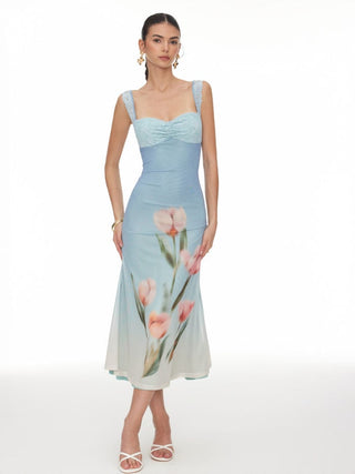 Mesh Floral Graphic Sweetheart Lace Panel Mermaid Maxi Dress