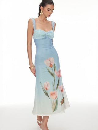 Mesh Floral Graphic Sweetheart Lace Panel Mermaid Maxi Dress