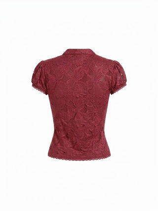 Lace Floral Stand Collar Bowknot Short Sleeve Top