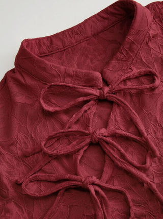 Lace Floral Stand Collar Bowknot Short Sleeve Top