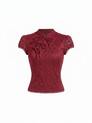 Lace Floral Stand Collar Bowknot Short Sleeve Top