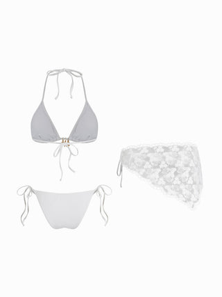 Halter Neckline Charm Detail Triangle Tie Side Bikini Set With Lace Sarong