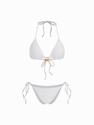 Halter Neckline Charm Detail Triangle Tie Side Bikini Set With Lace Sarong