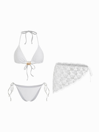 Halter Neckline Charm Detail Triangle Tie Side Bikini Set With Lace Sarong