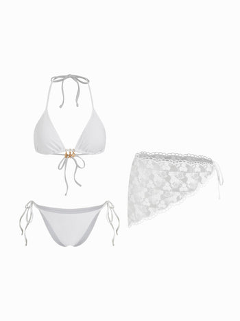 Halter Neckline Charm Detail Triangle Tie Side Bikini Set With Lace Sarong