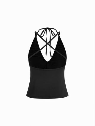Textured V-neck Ruched Halter Twist Knotted Cami Top
