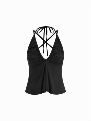 Textured V-neck Ruched Halter Twist Knotted Cami Top
