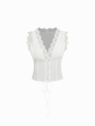 Textured V-neck Lace Trim Criss Cross Short Blouse