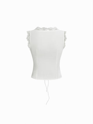 Textured V-neck Lace Trim Criss Cross Short Blouse