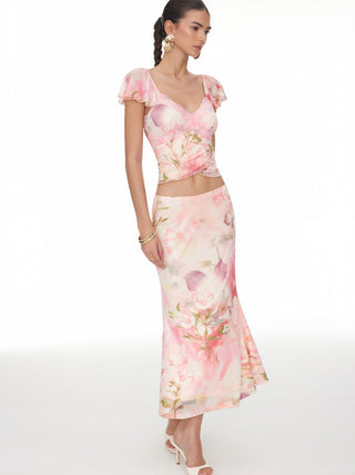 Floral Lace Trim Top and Maxi Skirt Set