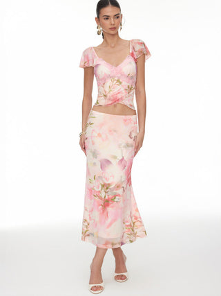 Floral Lace Trim Top and Maxi Skirt Set