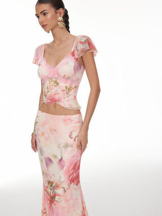 Floral Lace Trim Top and Maxi Skirt Set