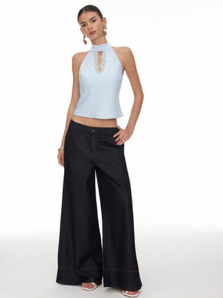 Satin Stand Collar Lace Panel Cut Out Halter Backless Cami Blouse