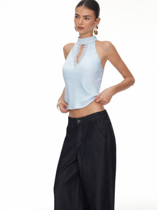 Satin Stand Collar Lace Panel Cut Out Halter Backless Cami Blouse
