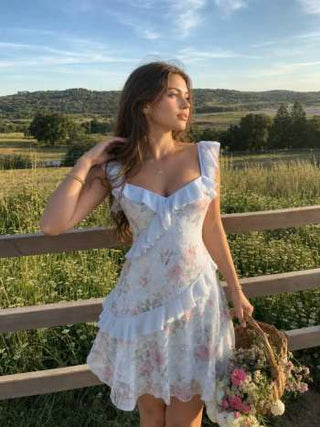 Lace Floral Sweetheart Neck Ruffle Trim Cami Mini Dress