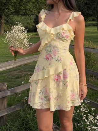 Lace Floral Sweetheart Neck Ruffle Trim Cami Mini Dress