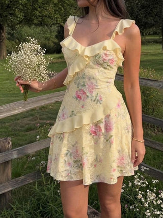 Lace Floral Sweetheart Neck Ruffle Trim Cami Mini Dress