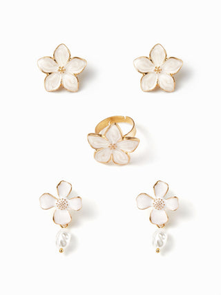 FLOWER FAUX PEARL RING & EARRINGS SET