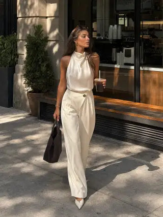High Rise Metal Button Pleated Wide Leg Trousers