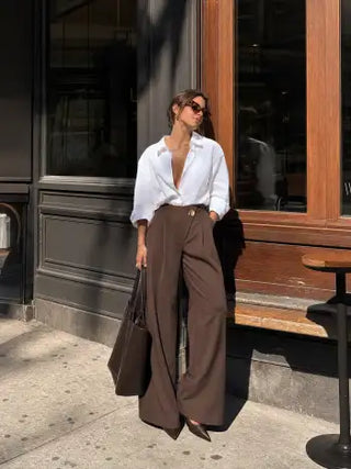 High Rise Metal Button Pleated Wide Leg Trousers