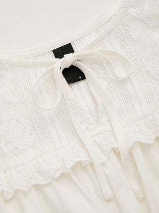 Linen-blend Embroidery Ruffle Hem Bowknot Crop Blouse