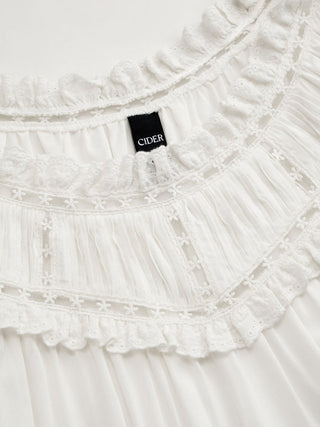 Linen-blend Ruffle Puff Sleeve Embroidery Oversized Blouse