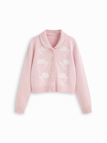 Cotton-blend Floral Embroidery Peter Pan Collar Long Sleeve Knit Top