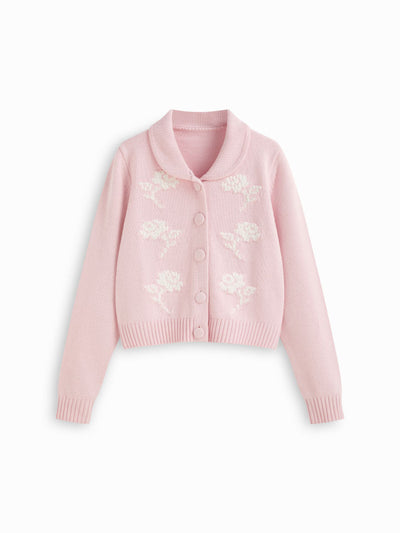 Cotton-blend Floral Embroidery Peter Pan Collar Long Sleeve Knit Top