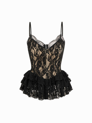 Lace Graphic V-neck Peplum Hem Cami Top