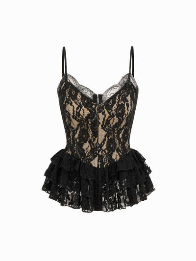 Lace Graphic V-neck Peplum Hem Cami Top