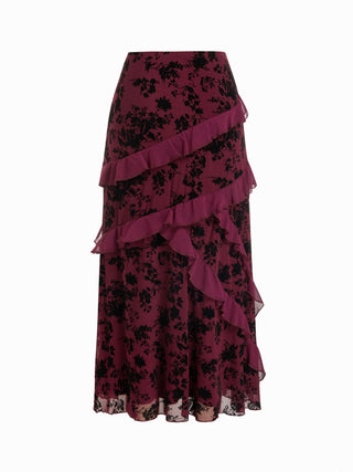 Mesh Mid Rise Floral Ruffled Maxi Skirt