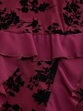 Mesh Mid Rise Floral Ruffled Maxi Skirt