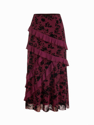 Mesh Mid Rise Floral Ruffled Maxi Skirt