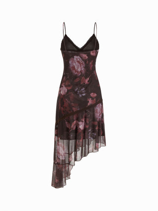 Mesh Floral V-neck Lace Trim Asymmetrical Hem A-line Midi Dress